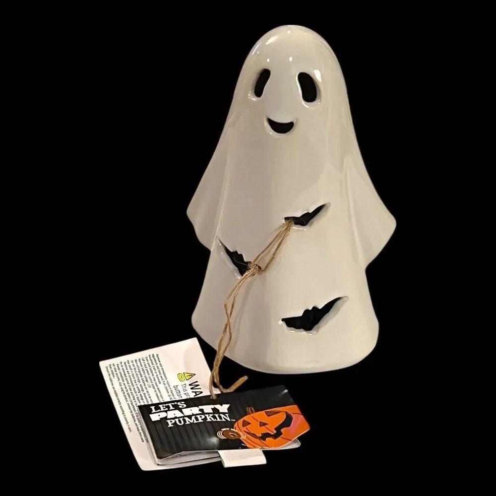 Halloween Ceramic Light-Up Friendly Ghost W Bat Cutouts Approx 7” New W Tags